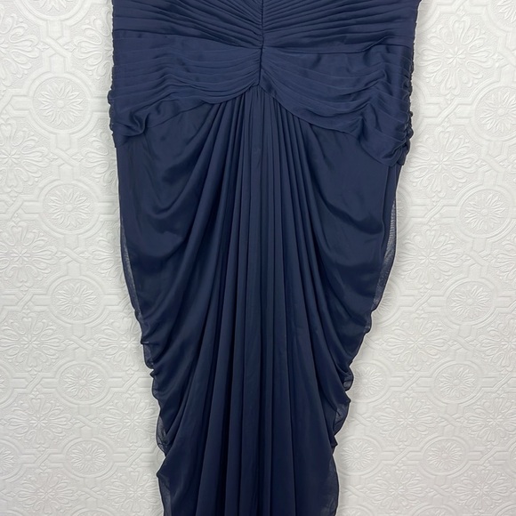 Adrianna Papell Lace Yoke Gown Drapped Dress Lacey Navy Blue Rouched Maxi - Picture 7 of 10